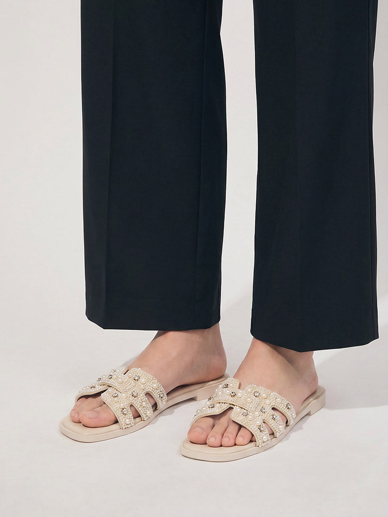 LUNA BLU Ivory Pearl Embellished Slides