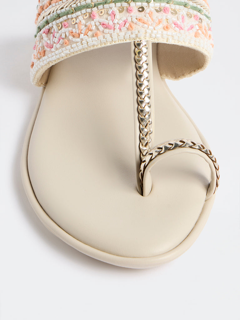 LUNA BLU Peach Embellished Kolhapuri Sandals