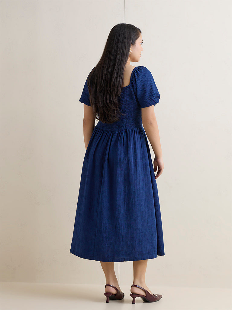 Gia Dark Blue Smocked Cotton A-Line Dress