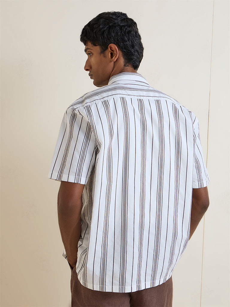WES Casuals Brown Striped Relaxed-Fit Cotton Shirt