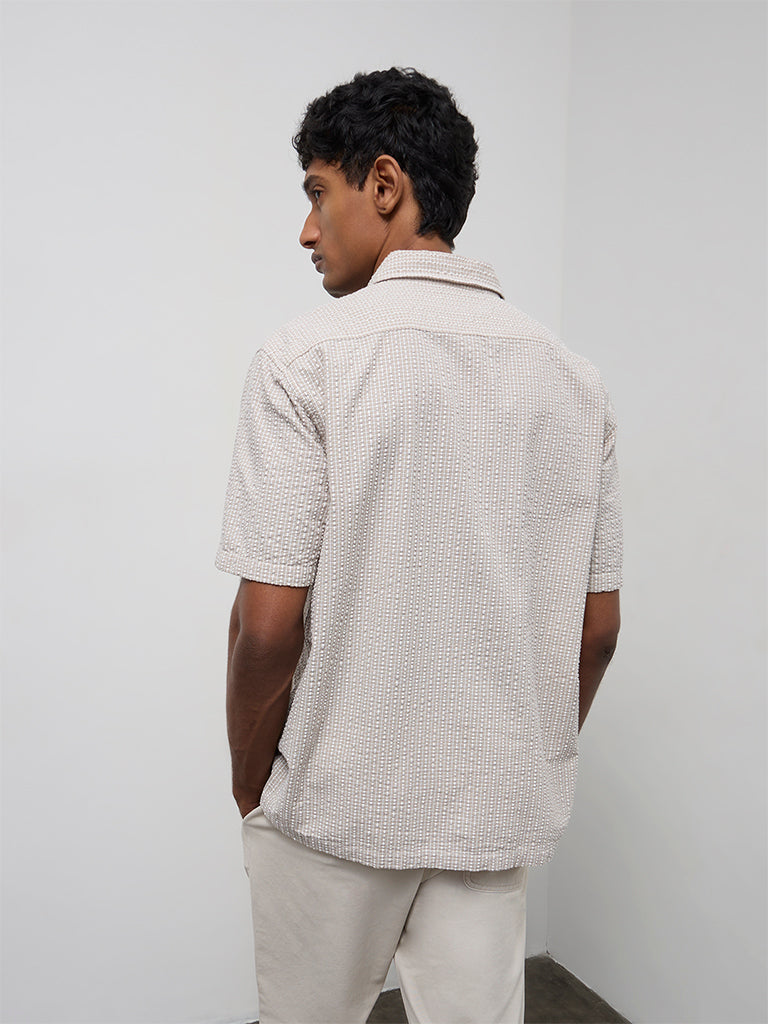 WES Casuals Light Taupe Checkered Relaxed-Fit Cotton Shirt