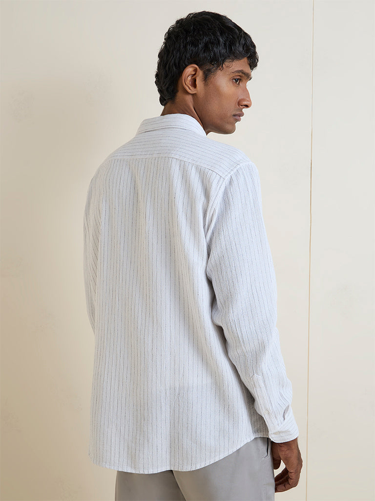 WES Casuals Off-White Striped Relaxed-Fit Cotton Shirt