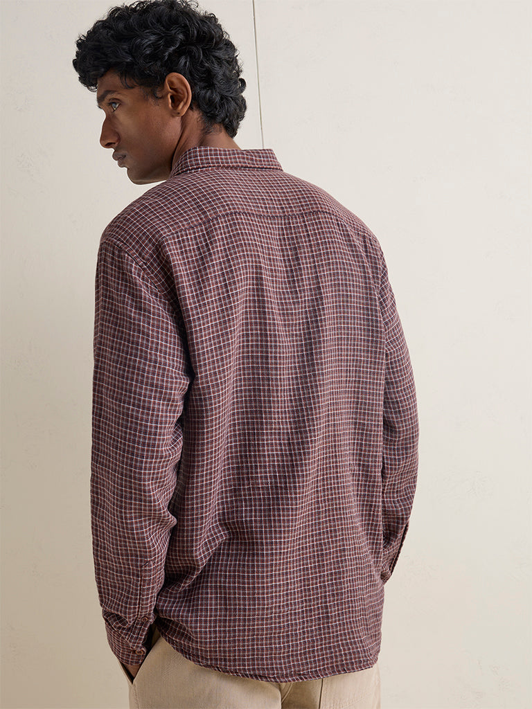 WES Casuals Dark Brown Checks Print Relaxed-Fit Cotton Shirt