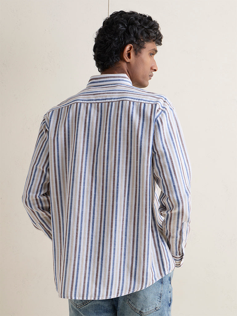 WES Casuals Off-White Striped Relaxed-Fit Cotton-Blend Shirt
