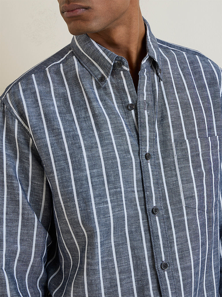 WES Casuals Grey Striped Relaxed-Fit Cotton-Blend Shirt