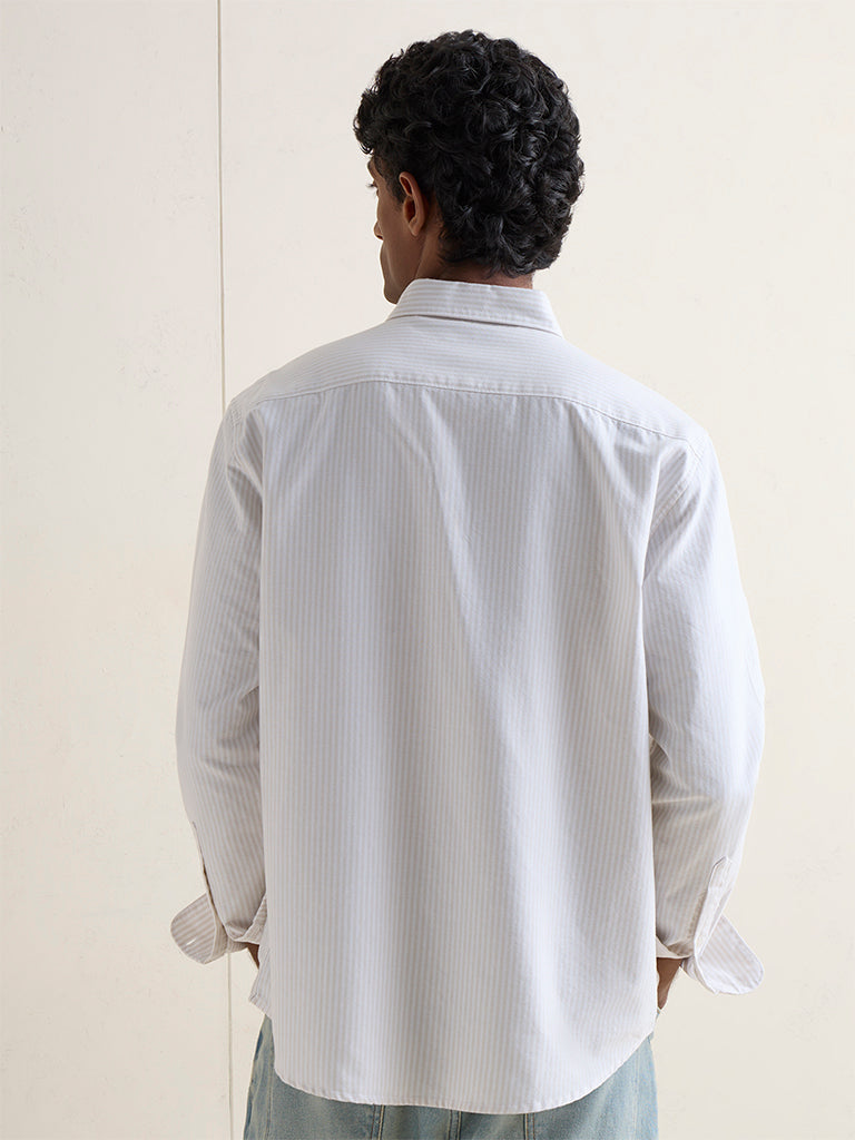 WES Casuals Beige Striped Relaxed-Fit Cotton Shirt