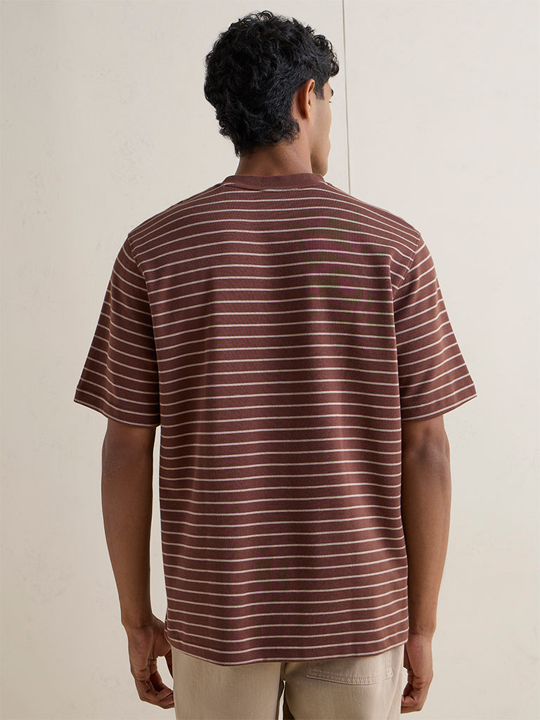 WES Casuals Brown Striped Relaxed-Fit T-Shirt