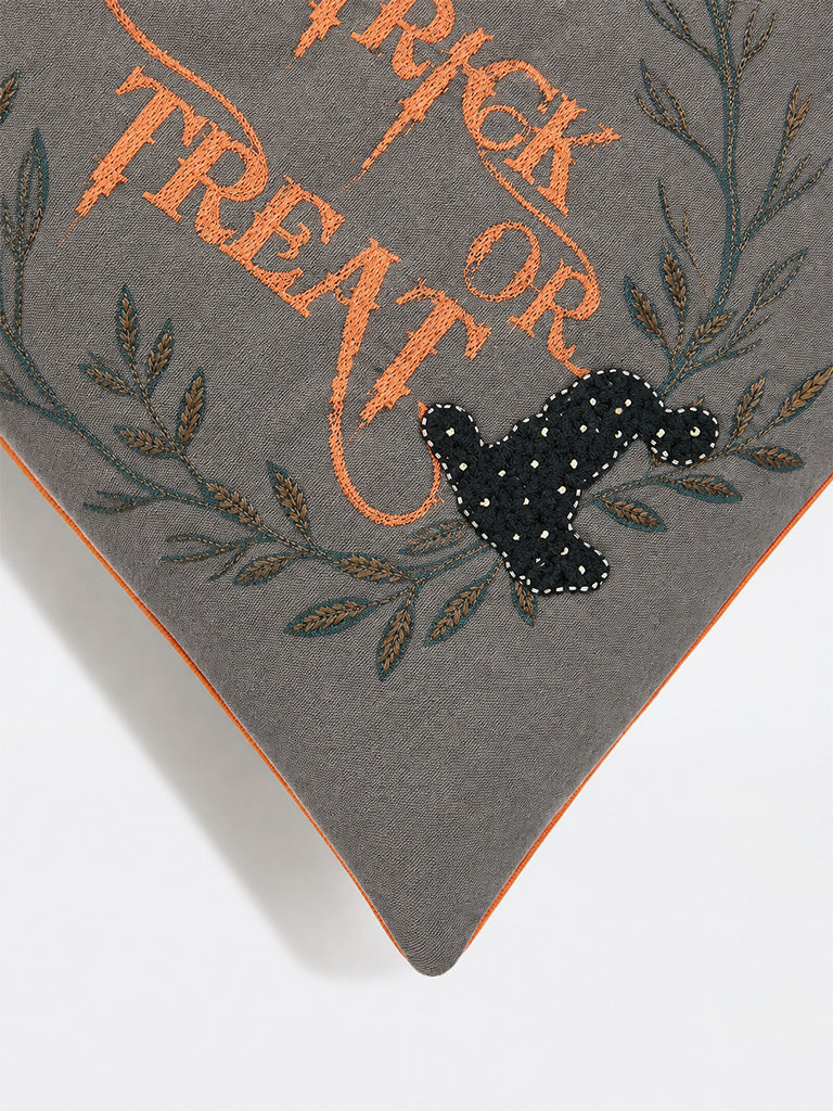 Westside Home Grey Text-Embroidered Halloween Cushion Cover