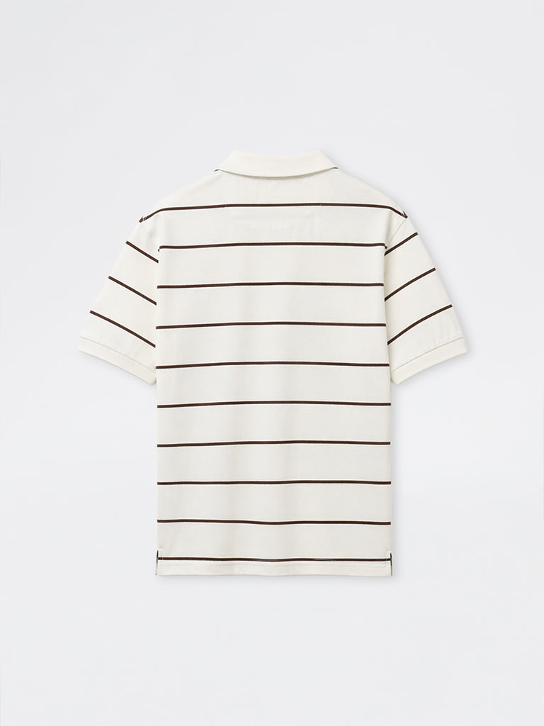 WES Casuals Off-White Striped Relaxed-Fit Cotton Polo T-Shirt