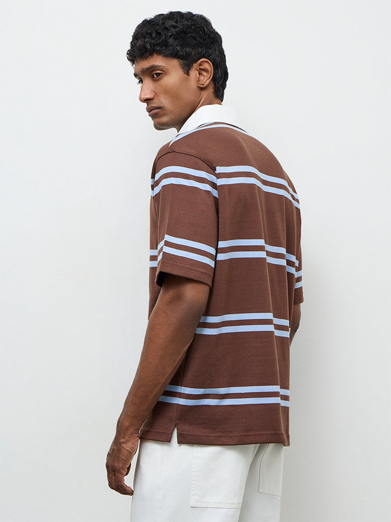 WES Casuals Brown Striped Relaxed-Fit Cotton Polo T-Shirt
