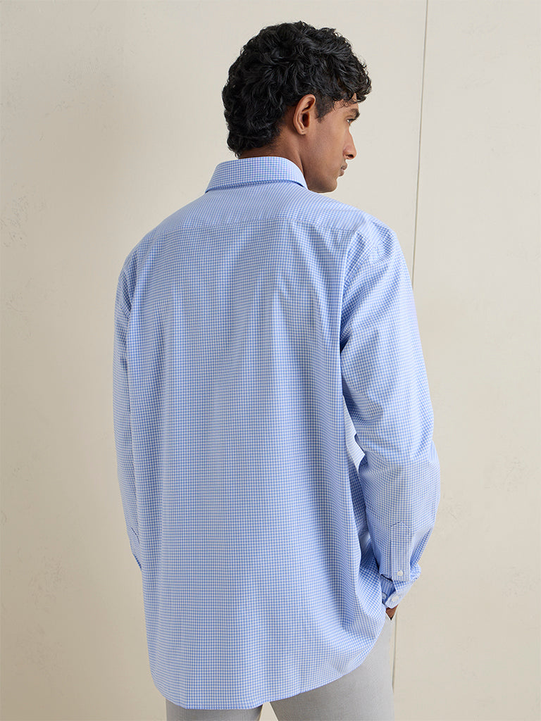 WES Formals Blue Checkered Relaxed-Fit Cotton Shirt
