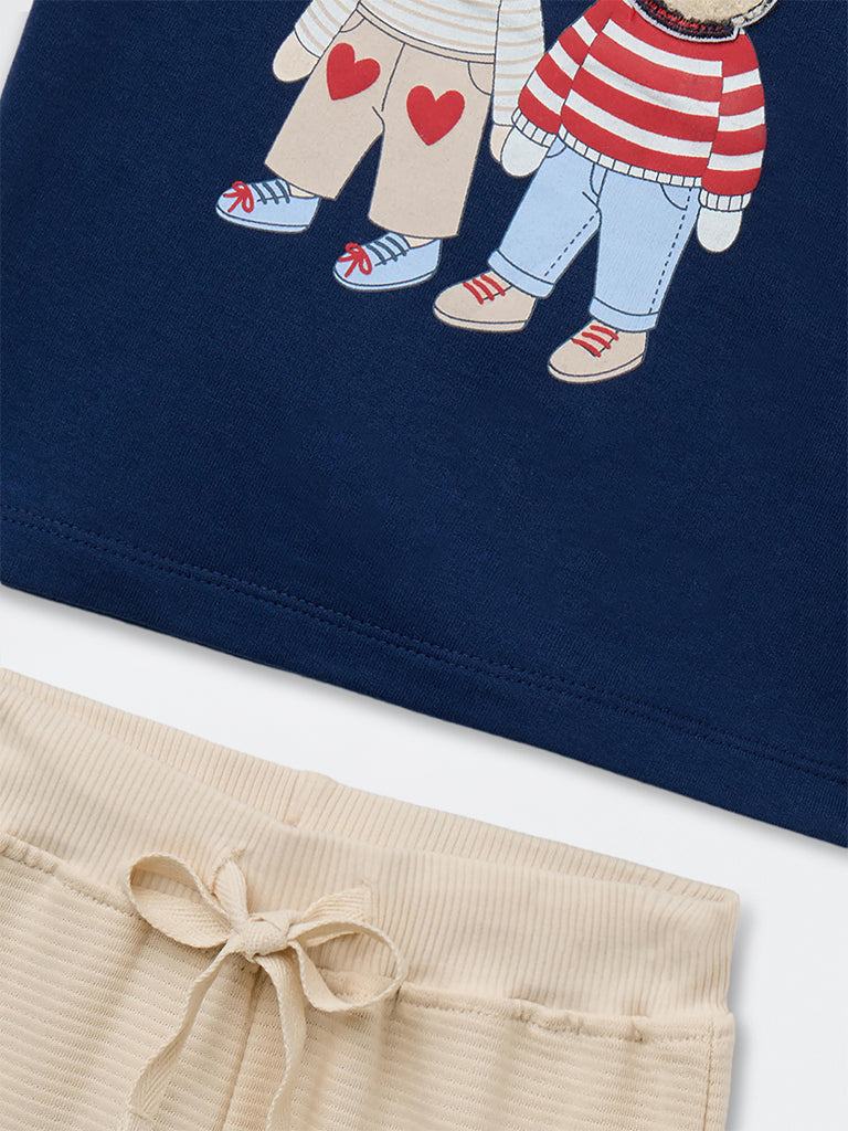 HOP Baby Boys Navy Printed Cotton T-Shirt and Pants Set