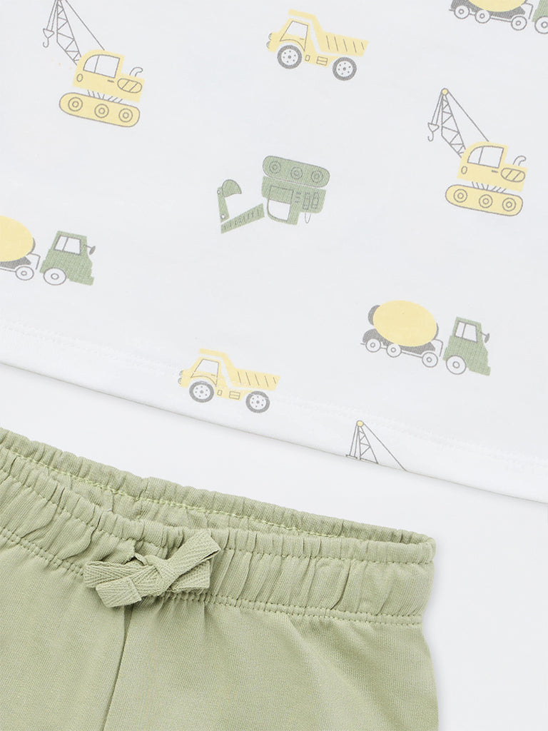 HOP Baby Boys White Printed Cotton T-Shirt and Shorts Set