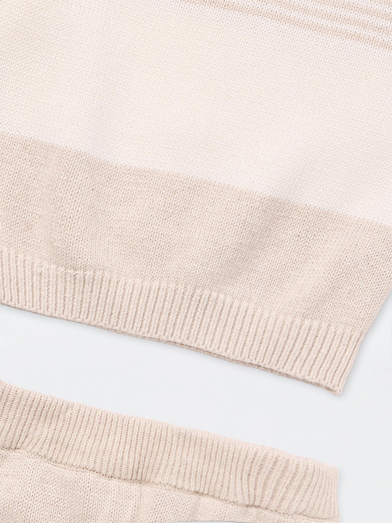 HOP Baby Boys Taupe Colour-Blocked Cotton Sweater and Pants Set