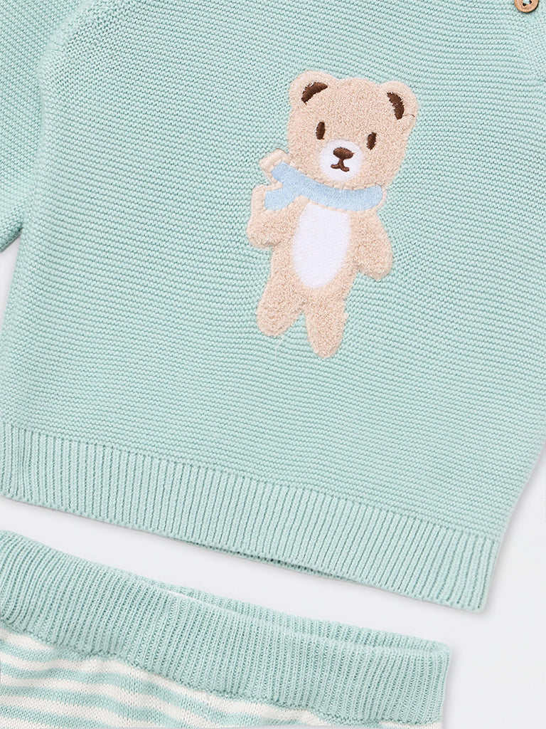 HOP Baby Boys Mint Bear Embroidered Cotton Sweater and Pants Set