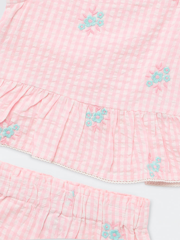 HOP Kids Girls Light Pink Gingham Checkered Cotton Top and Shorts Set