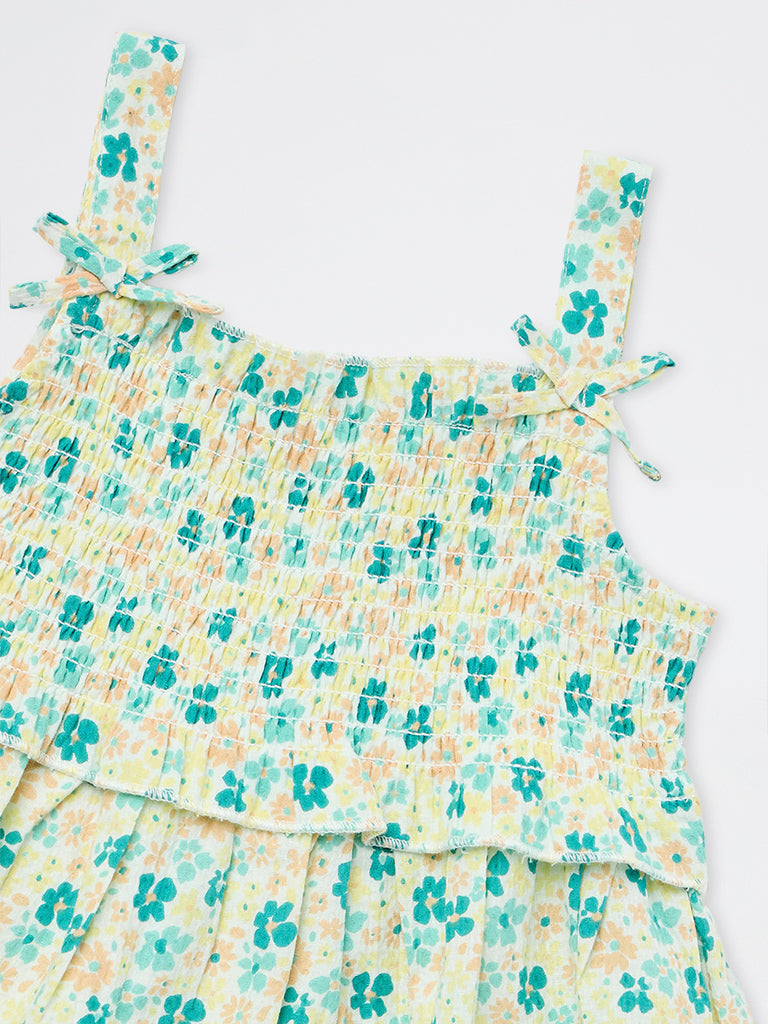 HOP Kids Girls Green Floral Printed Cotton Top