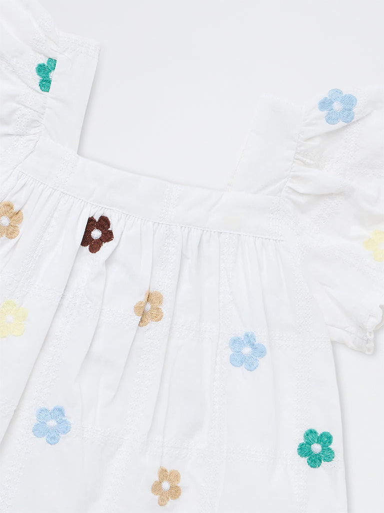 HOP Kids Girls White Floral Embroidered Cotton A-Line Dress