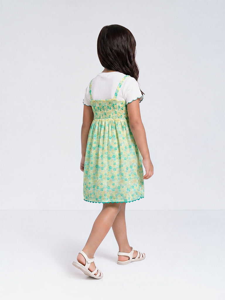 HOP Kids Girls Green Floral Printed Cotton-Blend Pinafore with T-Shirt Set