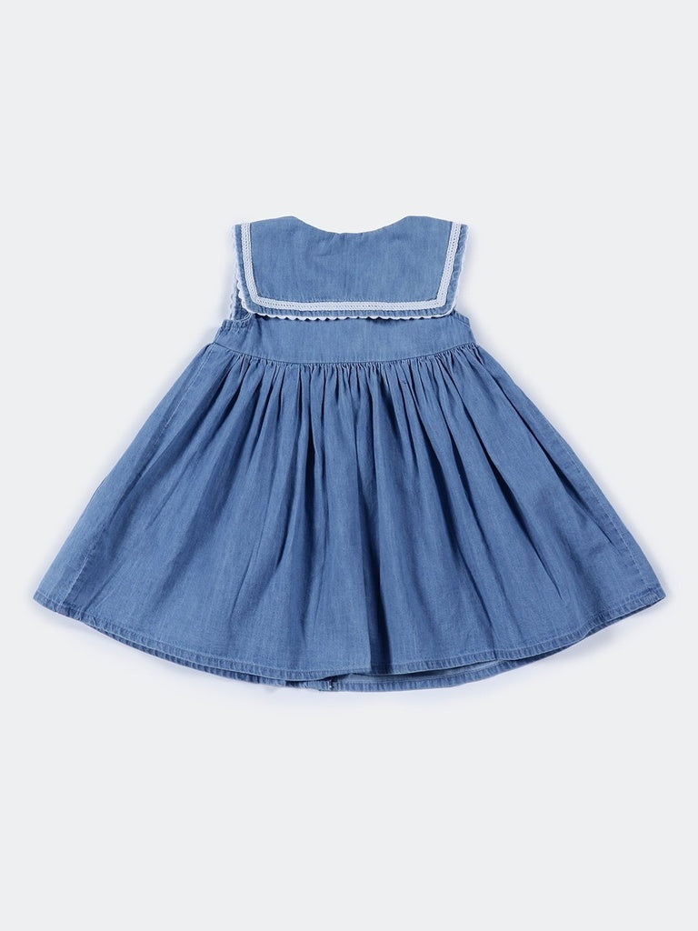 HOP Baby Girls Blue Embroidered Flared Cotton Dress