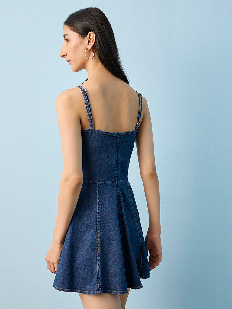 Nuon Blue Lace-Up A-Line Denim Dress