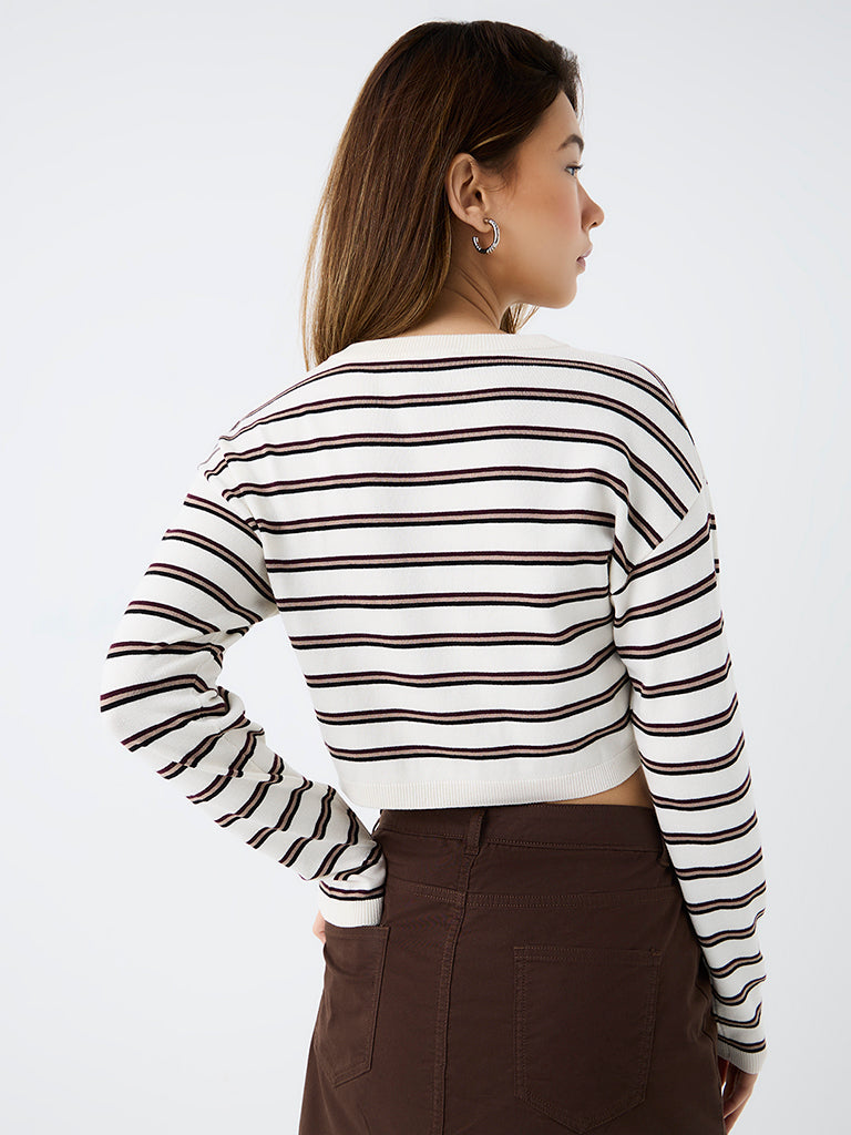 Nuon Off-White Striped Knit-Textured T-Shirt