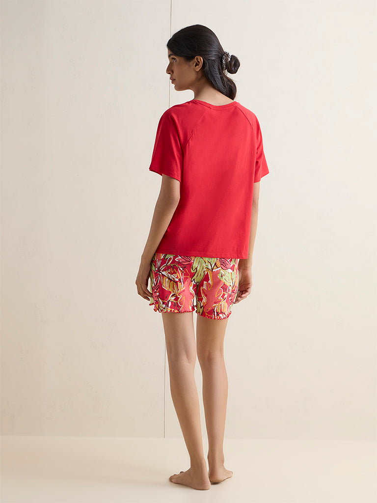 Wunderlove Red Leaf Printed Cotton T-Shirt and Shorts Set