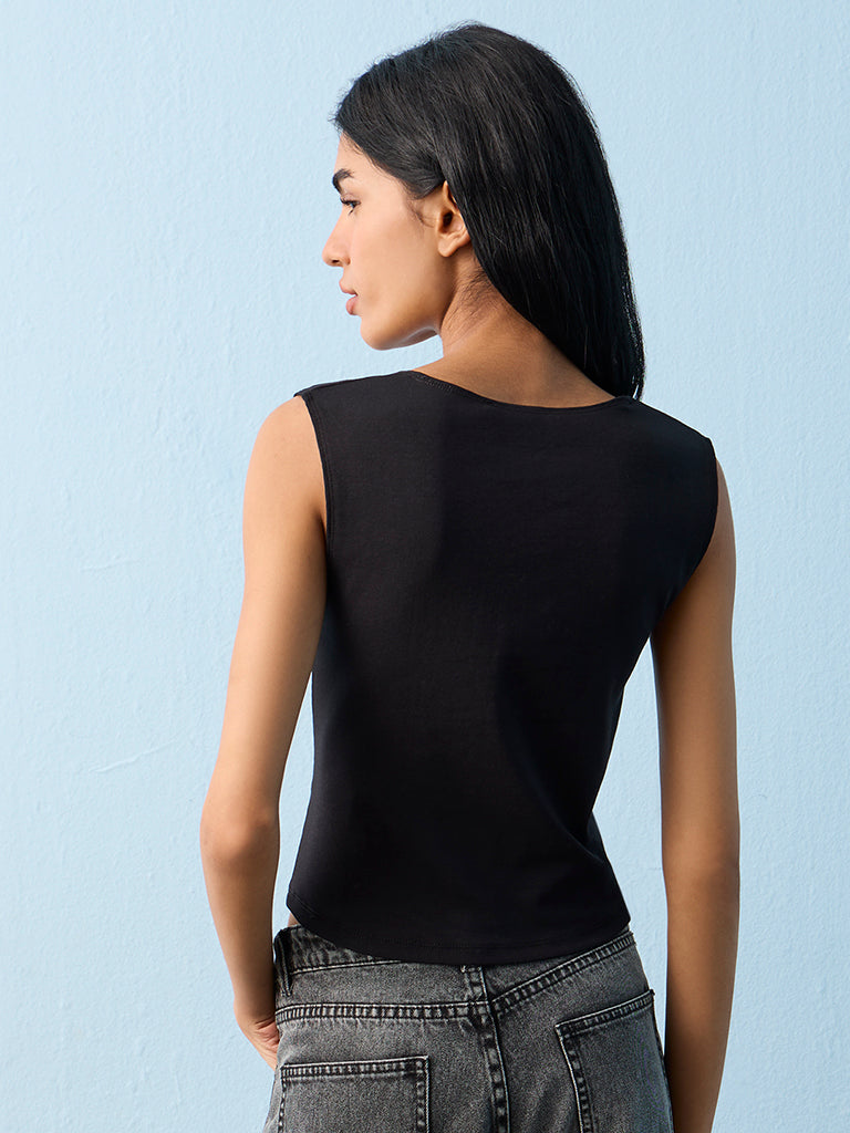 Superstar Black Solid Square-Neck Cotton-Blend Tank Top