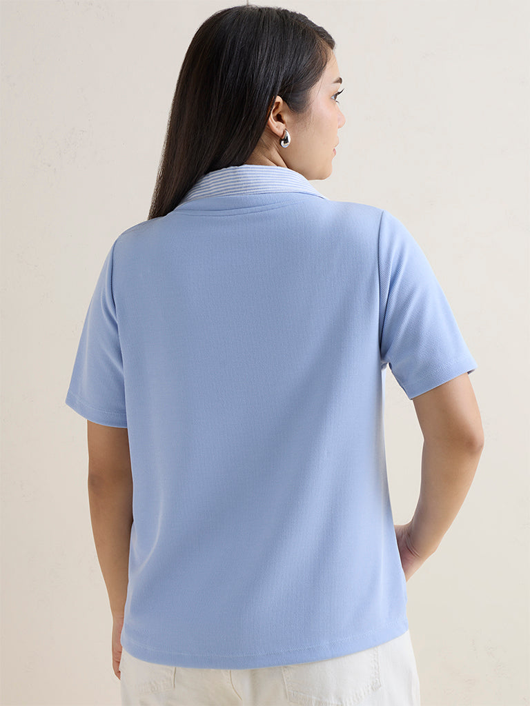 Gia Blue Knitted Collared Cotton T-Shirt