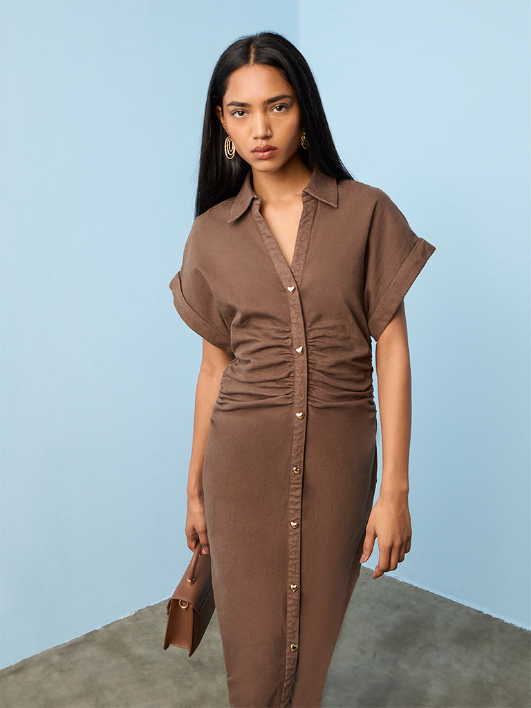 Buy LOV Dark Brown Ruched Cotton-Blend Straight Dress from Westside Buy LOV Dark Brown Ruched Cotton-Blend Straight Dress from Westside