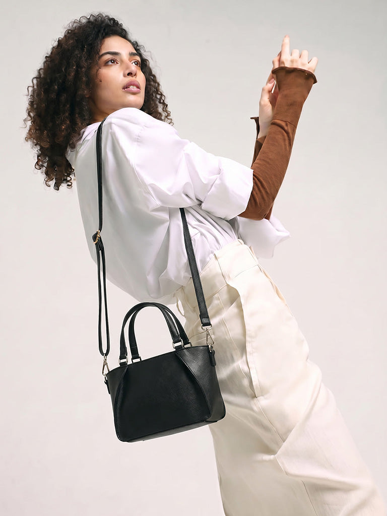 Westside Black Textured Handbag with Sling Handle