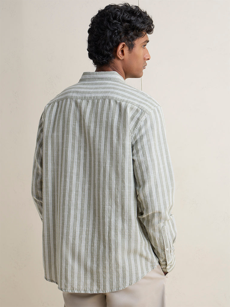 WES Casuals Olive Striped Relaxed-Fit Cotton-Blend Shirt