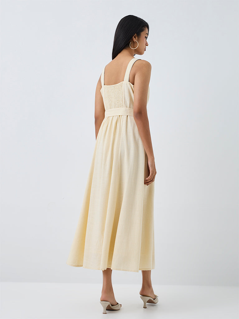 LOV Light Yellow Midi A-Line Dress with Belt