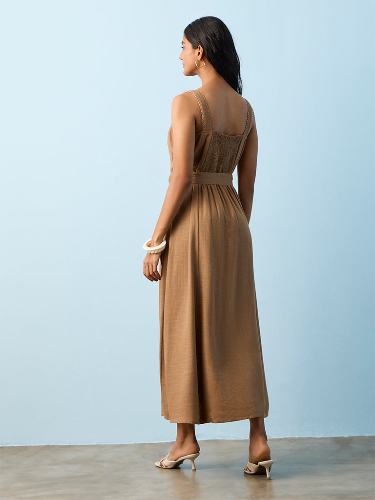 LOV Brown Solid Linen-Blend A-Line Dress with Belt