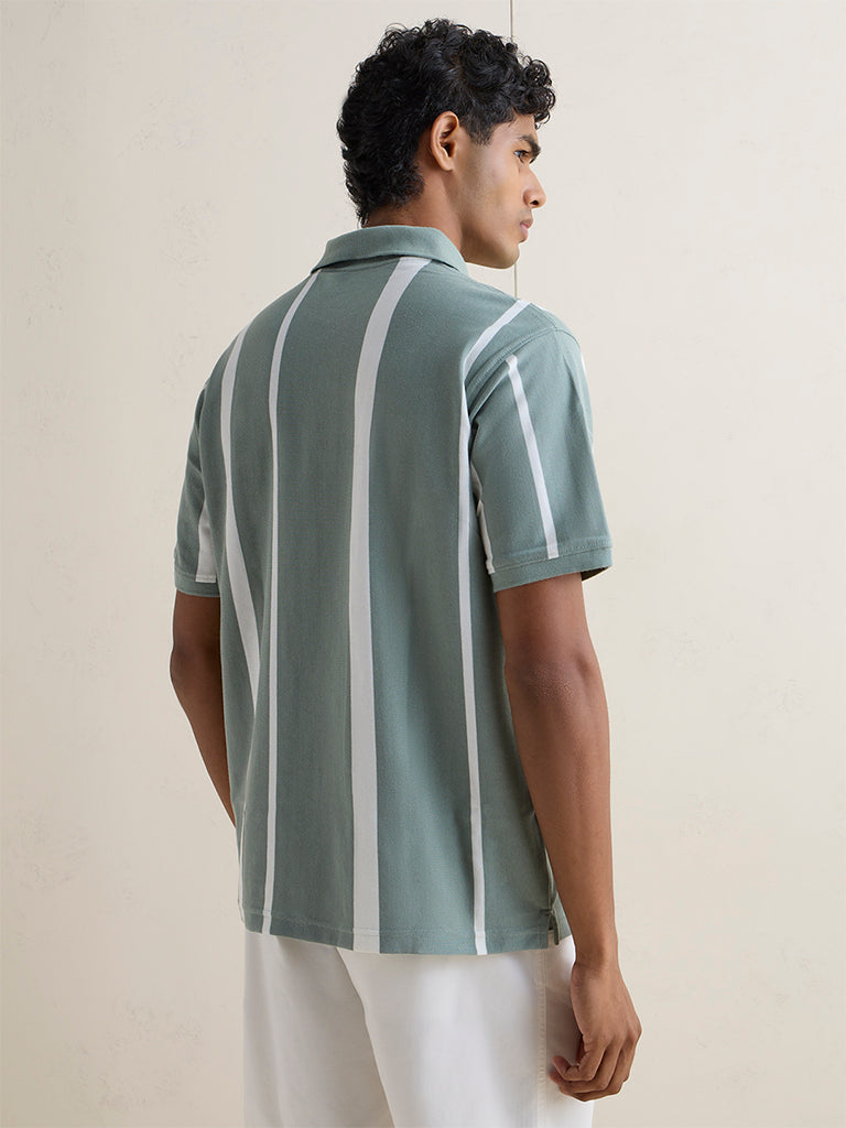 WES Casuals Sage Green Striped Relaxed-Fit Cotton-Blend Polo T-Shirt