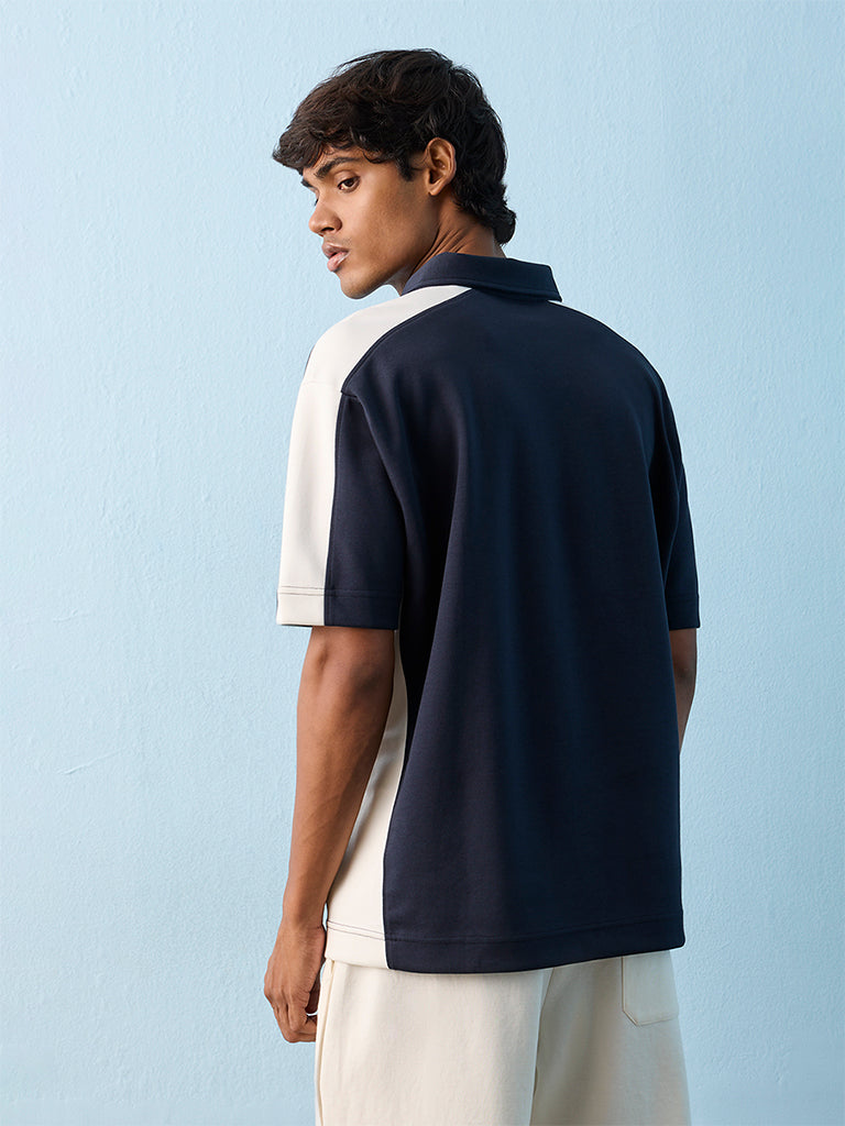 Nuoflexx Navy Colour-Blocked Relaxed-Fit Cotton-Blend Polo T-Shirt
