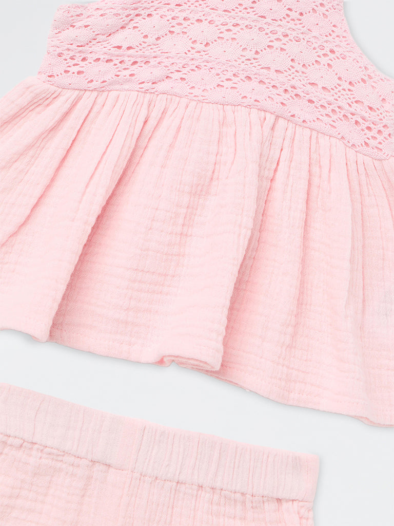 HOP Baby Girls Pink Crochet Embroidered Cotton Top and Shorts Set