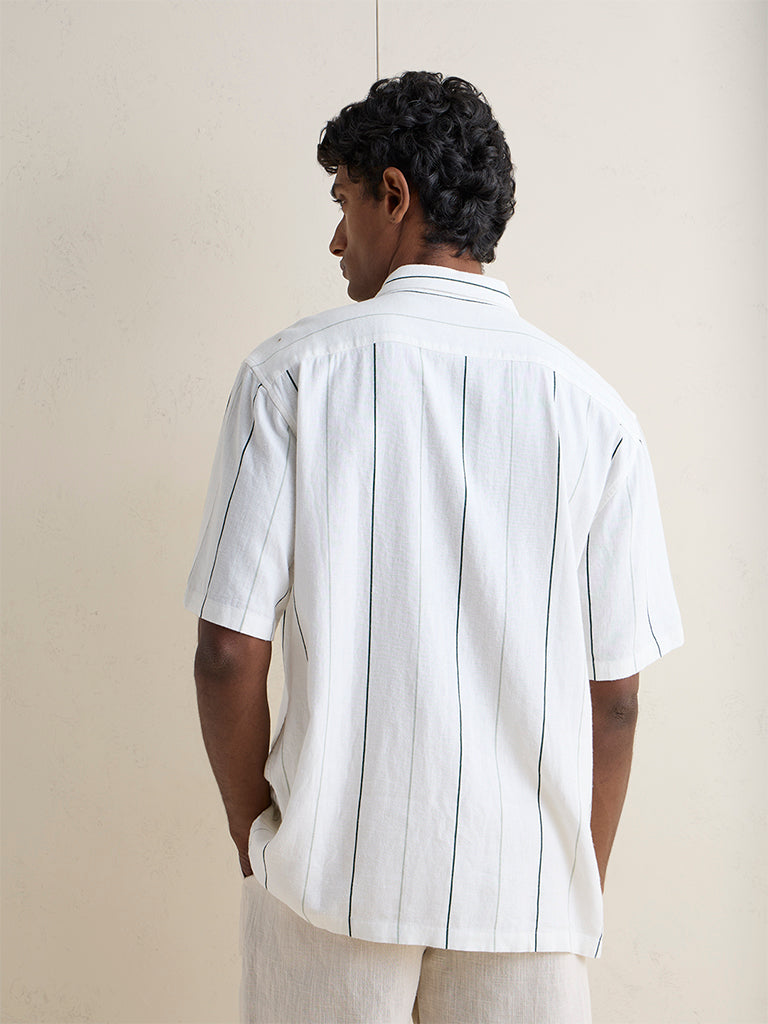Ascot Off White Striped Relaxed-Fit Linen-Blend Shirt