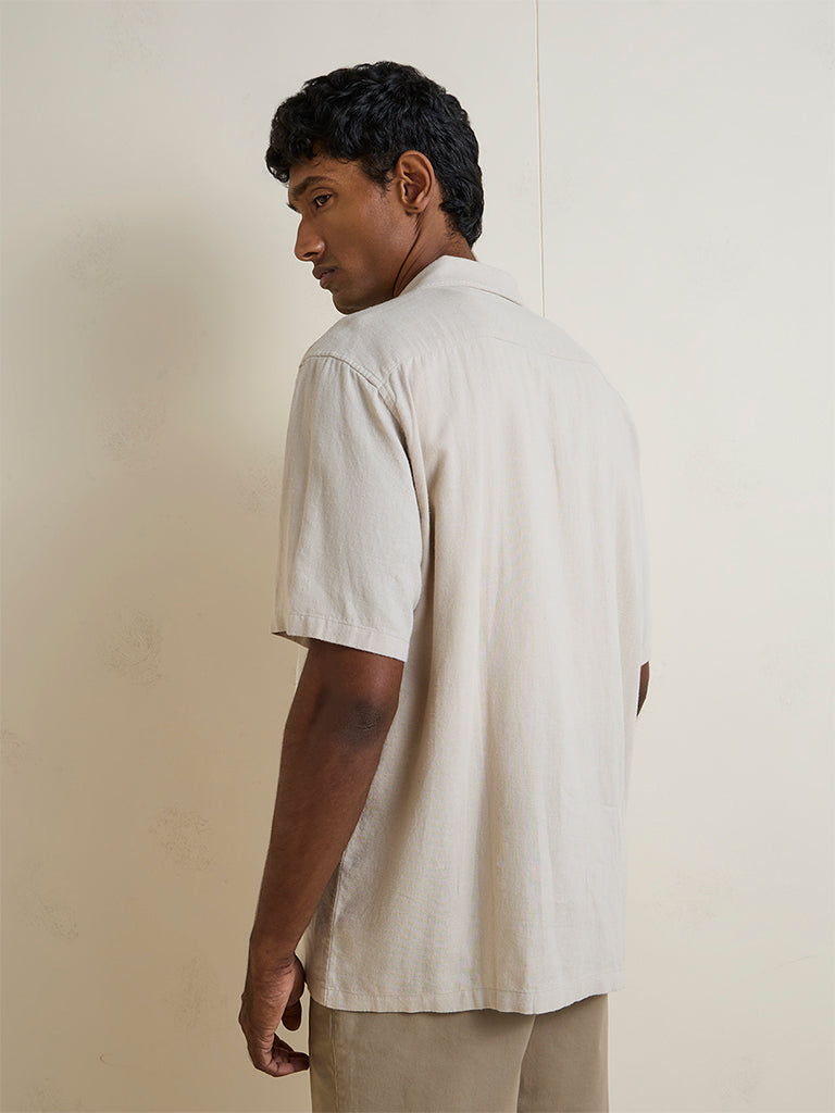 Ascot Beige Colour-Blocked Relaxed-Fit Linen Shirt