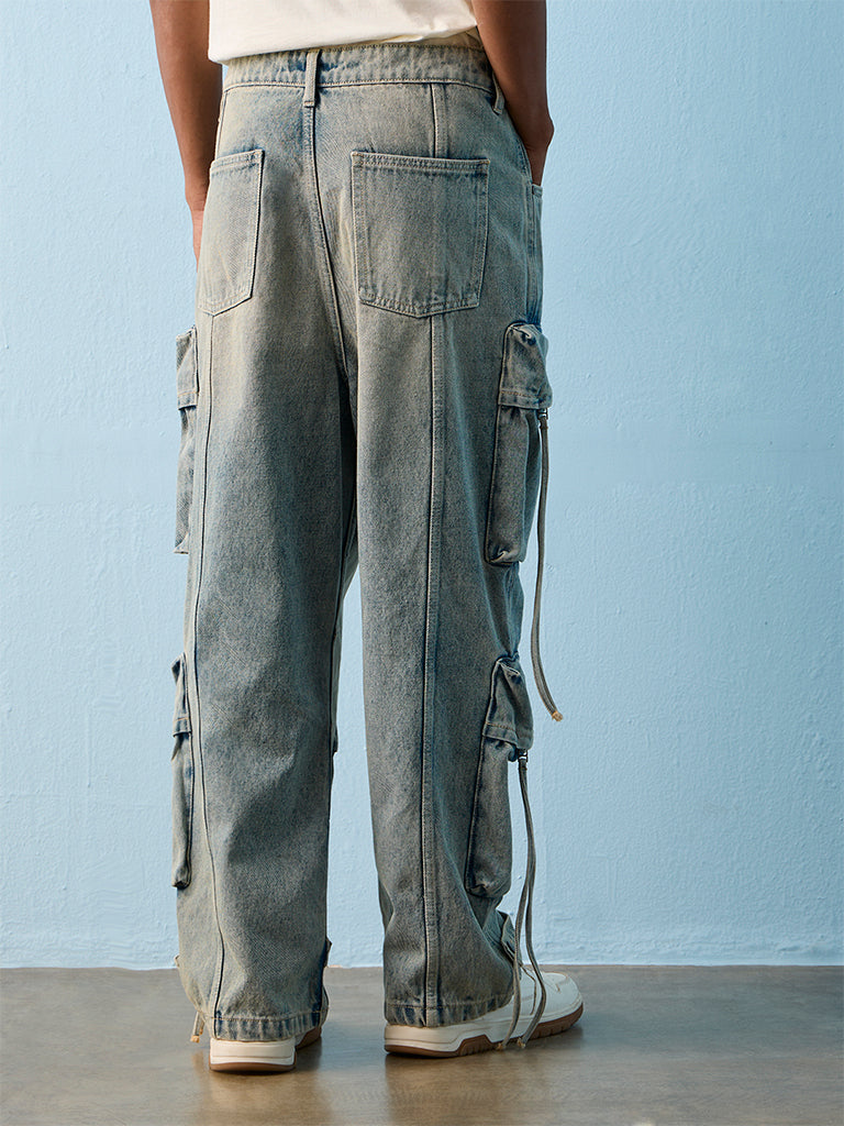 Nuon Blue Washed Relaxed-Fit Mid-Rise Cargo Jeans