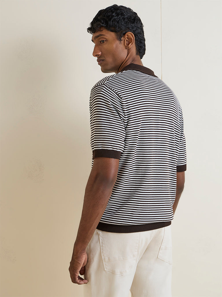 Ascot Brown Striped Relaxed-Fit Cotton Polo T-Shirt