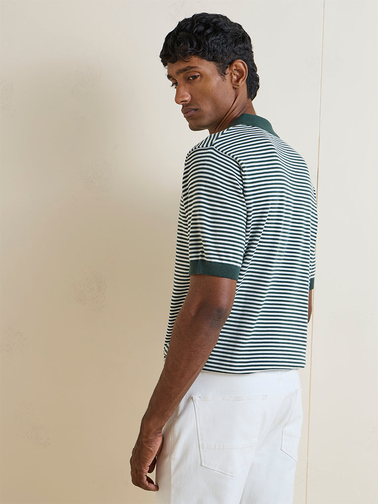 Ascot Dark Green Striped Relaxed-Fit Cotton Polo T-Shirt