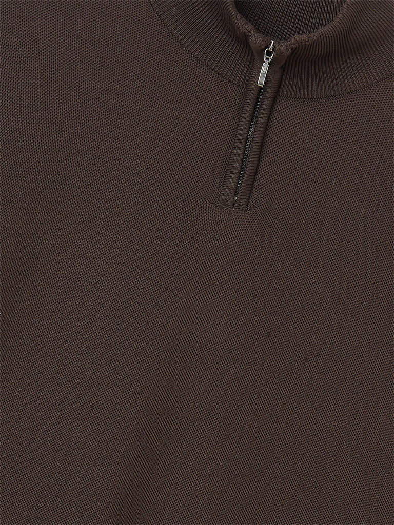 WES Formals Dark Brown Knit-Textured Quarter-Zip Slim-Fit Sweater