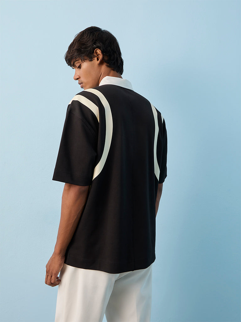 Nuoflexx Black Striped Relaxed-Fit Cotton-Blend Polo T-Shirt