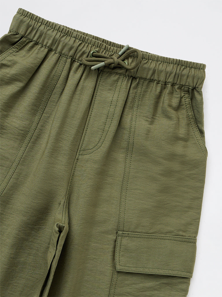 Girls Olive Textured High-Rise Trousers