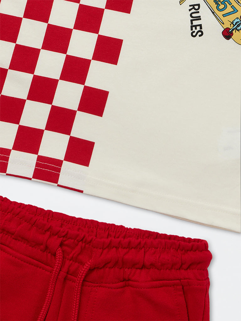 HOP Kids Boys Red Checkered Cotton T-Shirt and Shorts Set