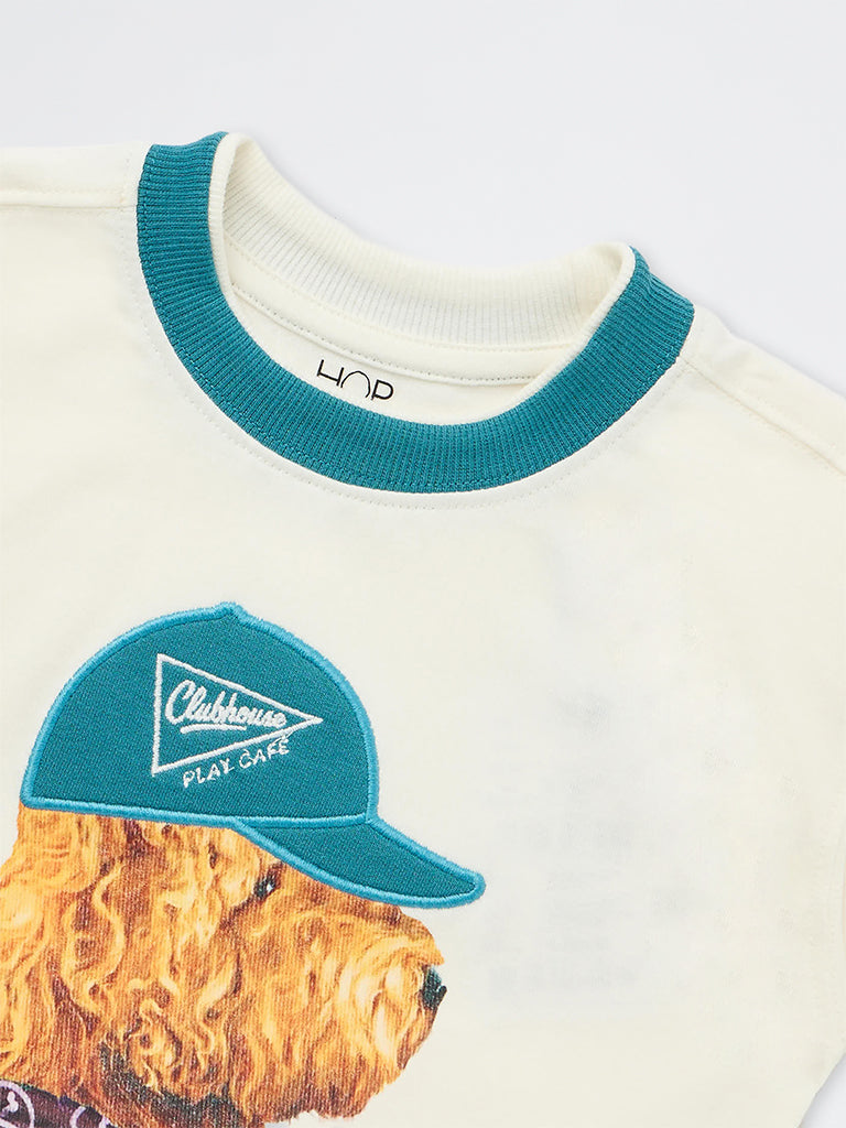 HOP Kids Boys Off-White Animal Printed Cotton T-Shirt
