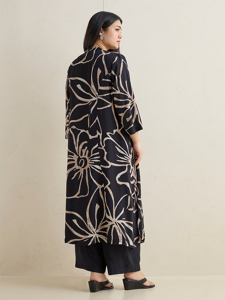 Diza Black Floral Printed A-Line Kurta