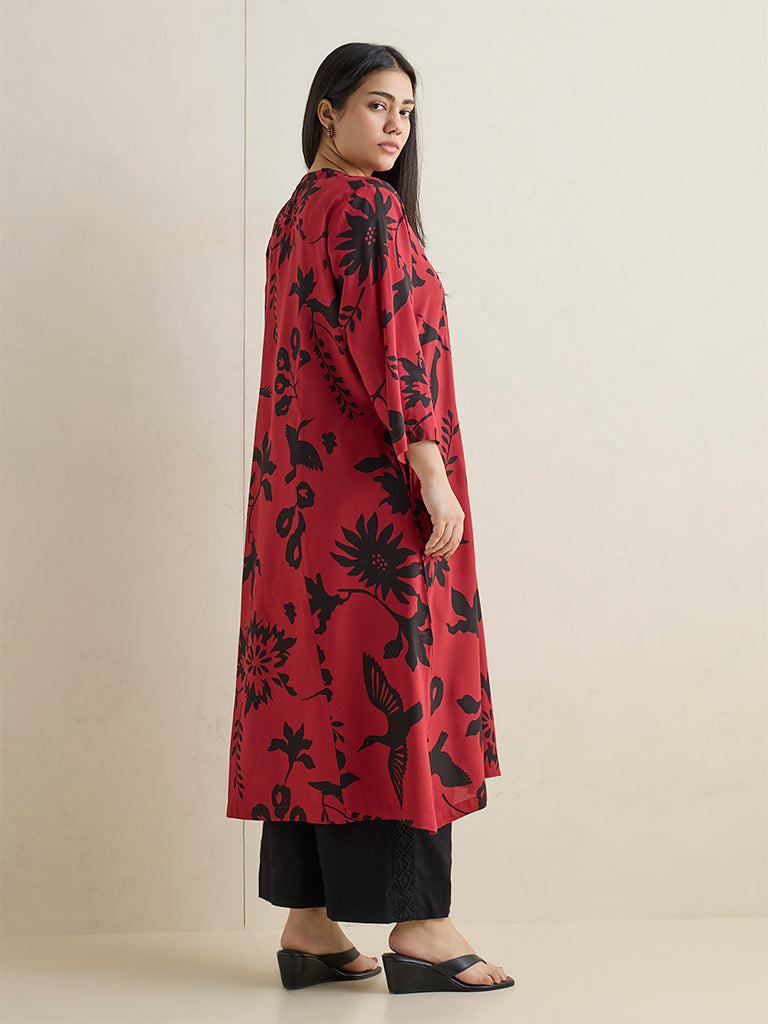 Diza Red Floral Printed A-Line Kurta
