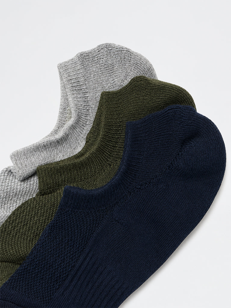 WES Lounge Olive Solid Cotton-Blend Sneaker Socks - Pack of 3